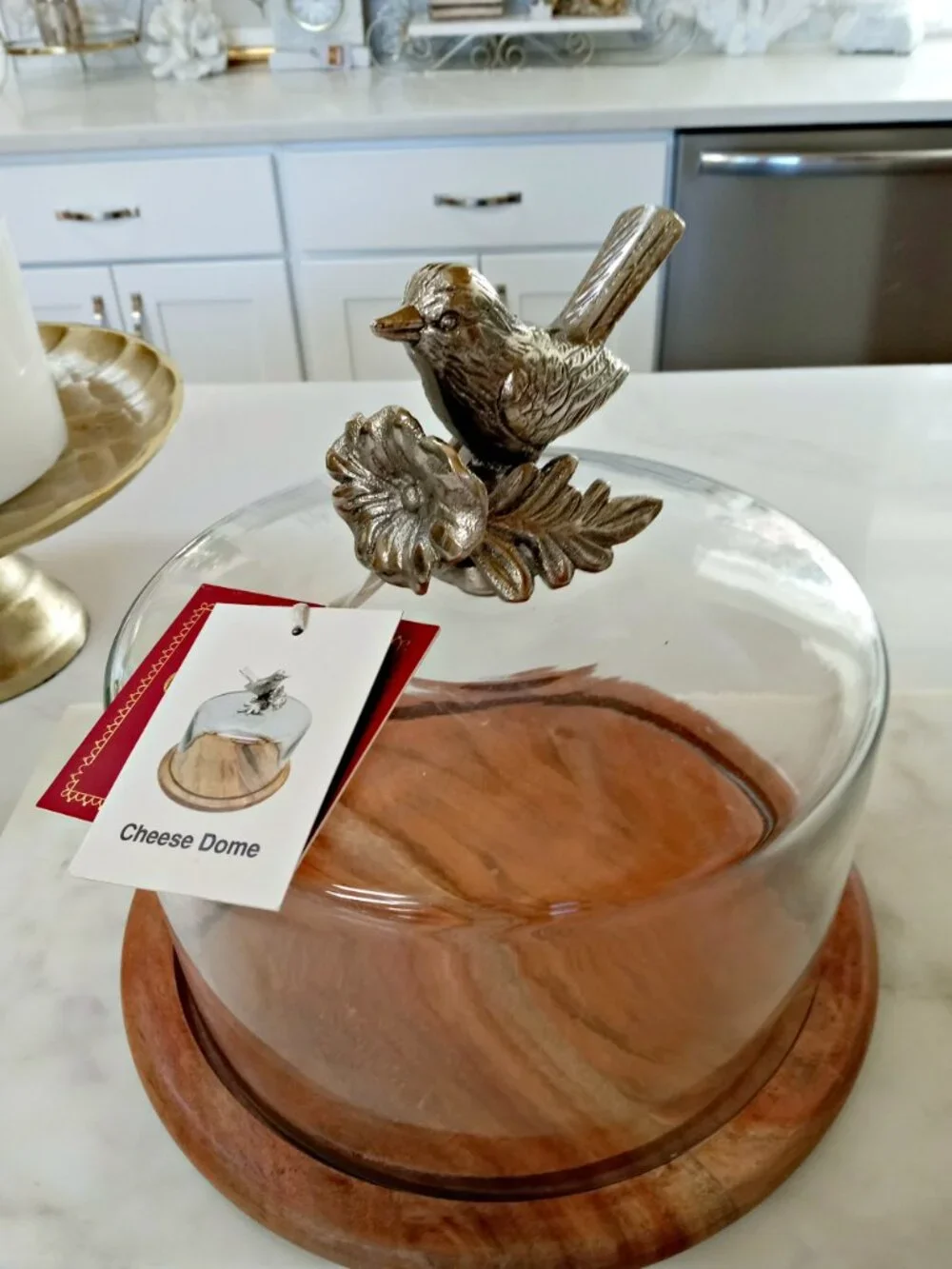 NEW! EXQUISITE WOOD & GLASS BIRD FLOWER CHEESE DOME